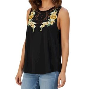 Rain Boho Floral Embroidered Crochet Detail Sleeveless Tank Top XL Black Yellow